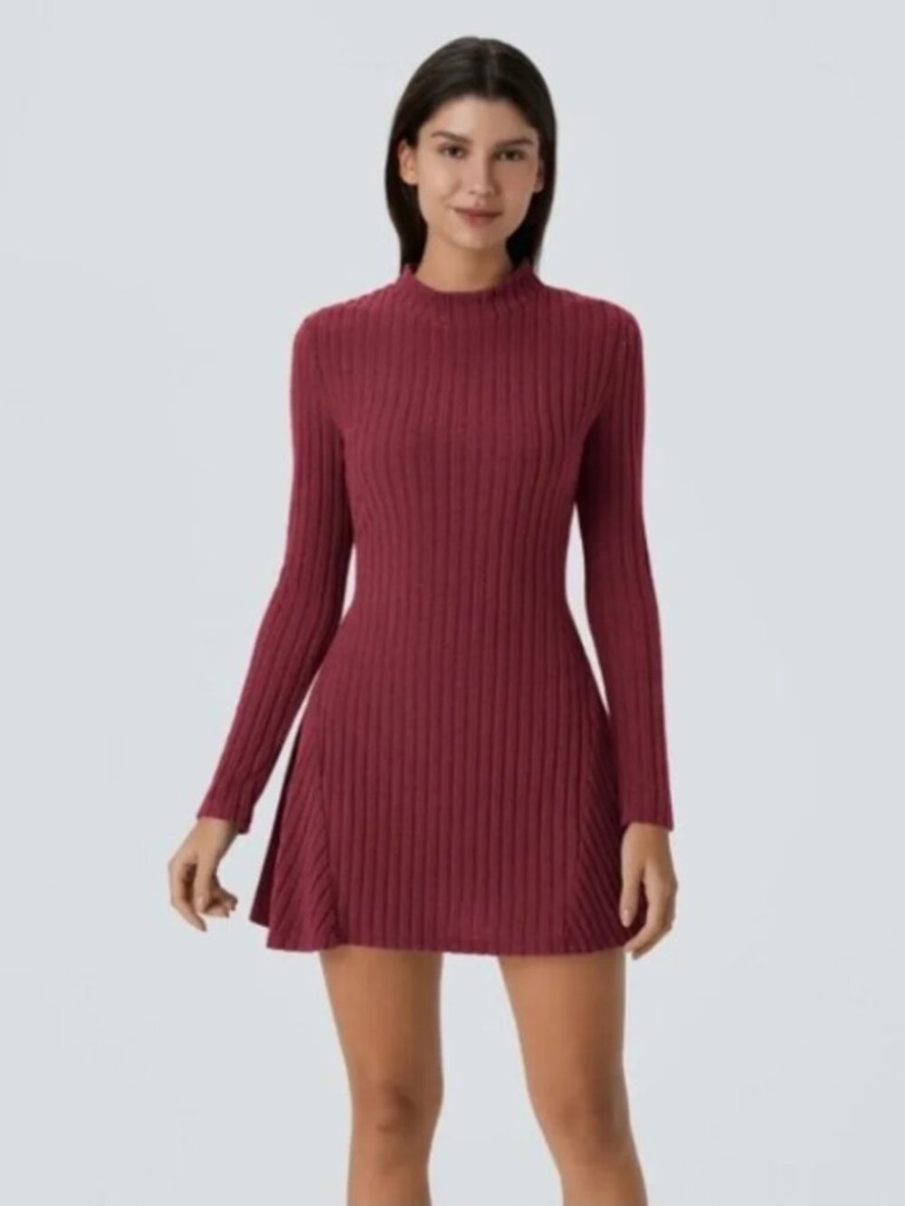 Halara Play It My Way Red Ribbed Long Sleeve Dress